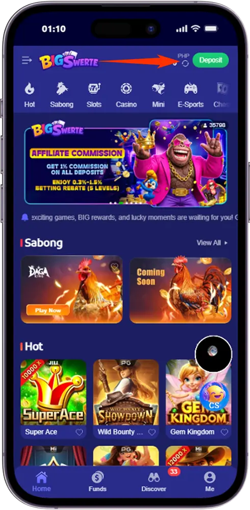 Accessing the Big Swerte Deposit Page on Mobile