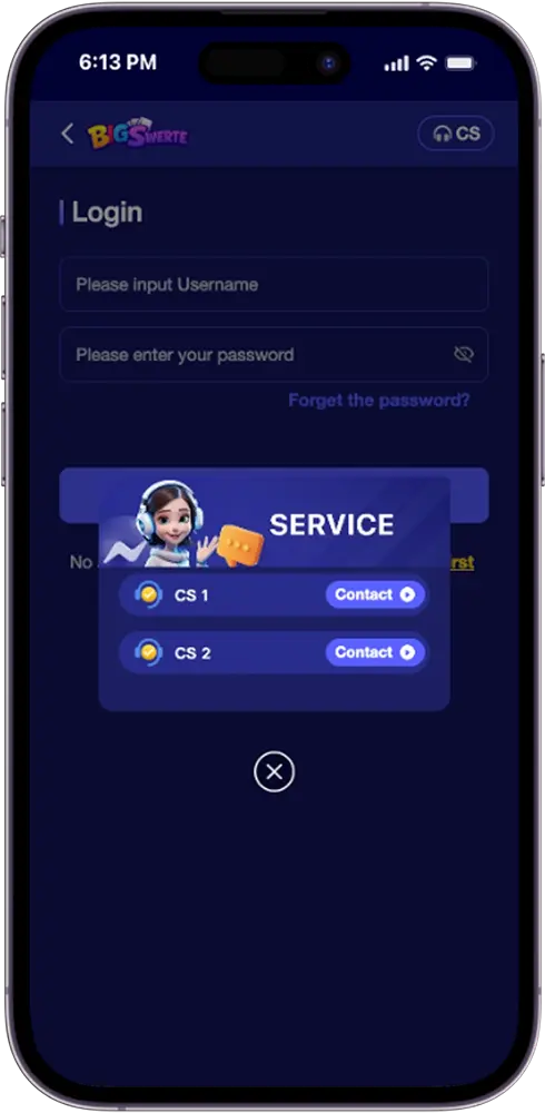 Big Swerte Customer Service Popup Showing CS1 and CS2 Support Channel Contact Options