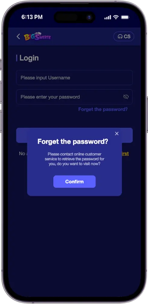 Big Swerte Forgot Password Confirmation Popup Asking to Contact Customer Service