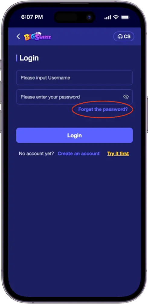 Big Swerte Forgot the Password Link Located Below the Password Field on the Login Page