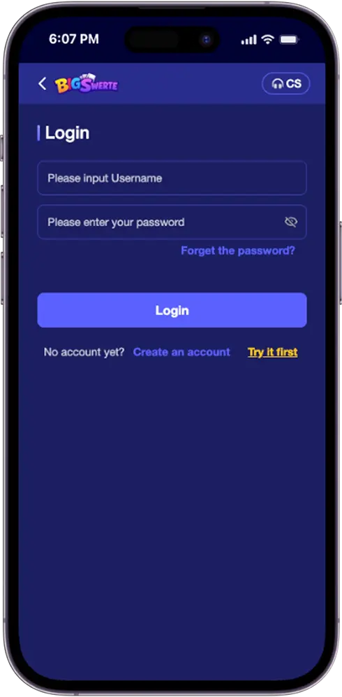 Big Swerte Login Form Showing Username and Password Input Fields