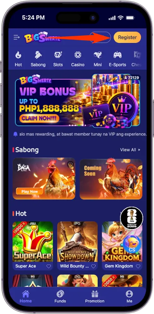 Big Swerte Register Button Located at the Top Right Corner of the Homepage