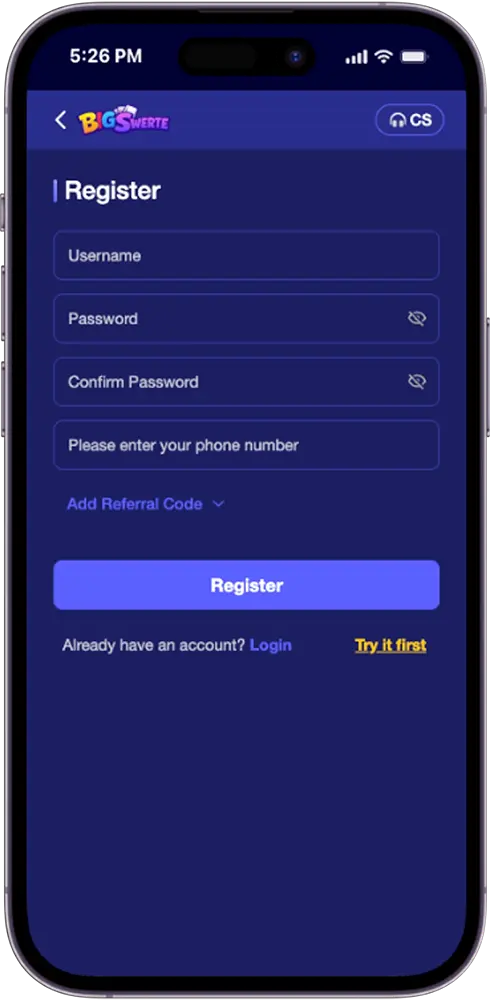 Big Swerte Register Form Showing Username Password and Phone Number Fields