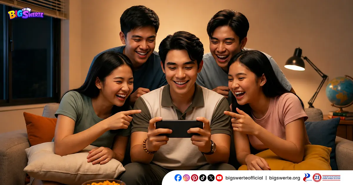 Group of Young Filipino Friends Laughing and Enjoying Online Gaming Together on a Smartphone at Home