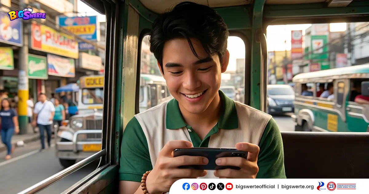 Young Filipino Man Smiling While Playing on His Smartphone During a Jeepney Commute